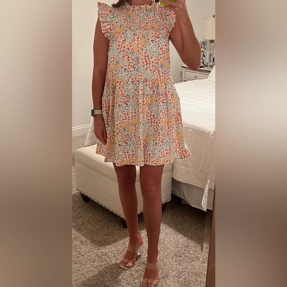 Moodie smocked top short dress with flutter sleeves and tiered style